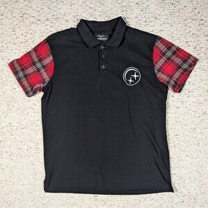 rue21 x Dark Sundaze Black Polo Shirt Red Plaid Sleeves Womens XL Embroidered